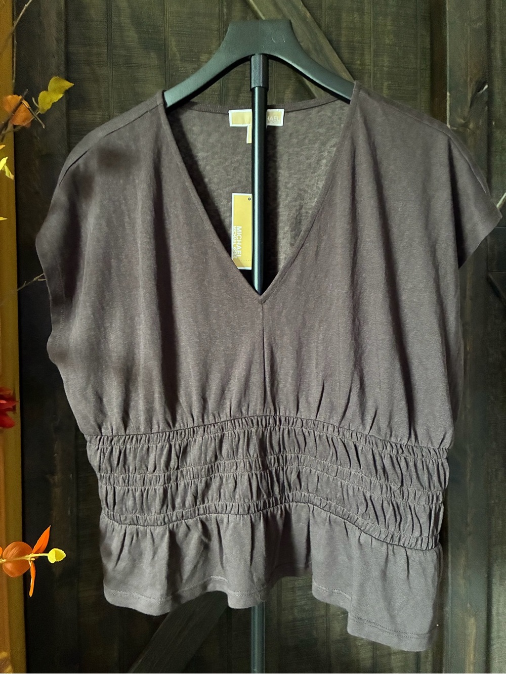 Michael Kors Brown V-Neck Short Sleeve Smocked-Waist Top